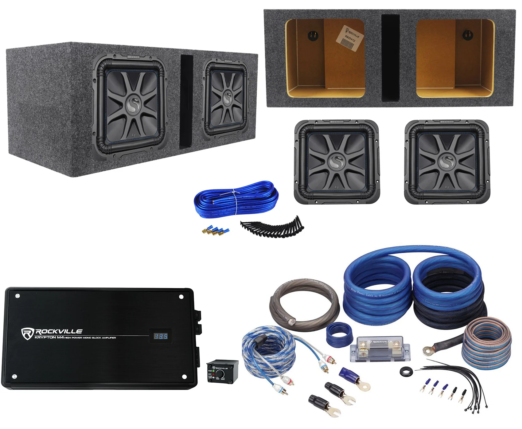 2) Kicker L7S124 12" Solobaric L7S Car Subs+Vented Box+1500W Amplifier+Amp Kit