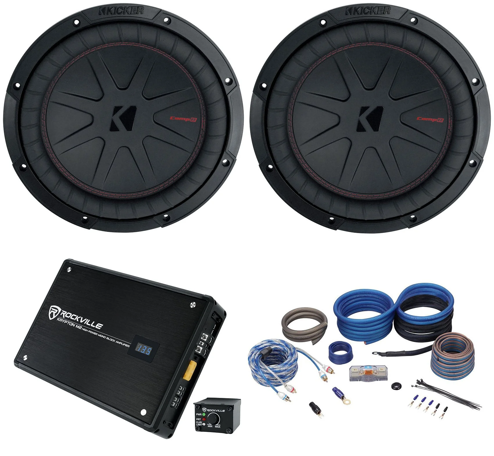 (2) Kicker 48CWR104 COMPR10 10" 1600 Watt Subwoofers+Mono Amplifier+Amp Kit - Image 2