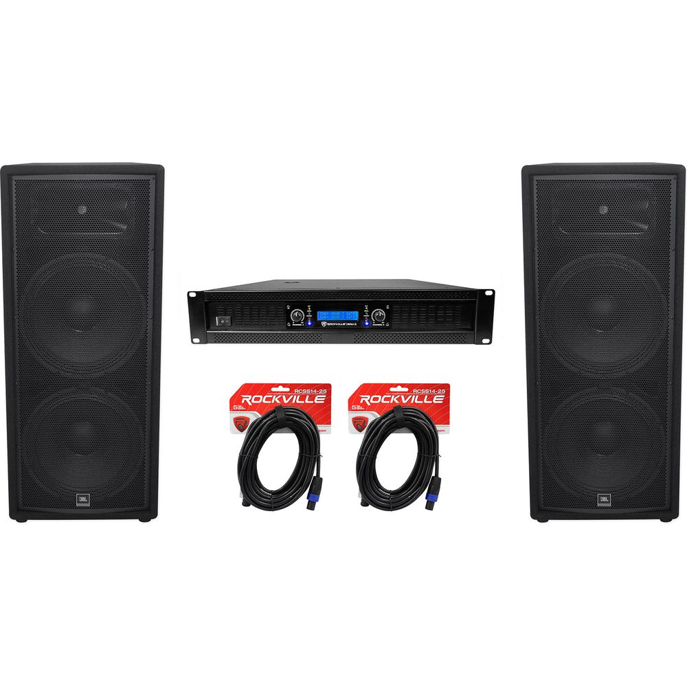(2) JBL Pro JRX225 2000 Watt Dual 15" DJ PA Speakers+Power Amplifier+Cables - Image 2