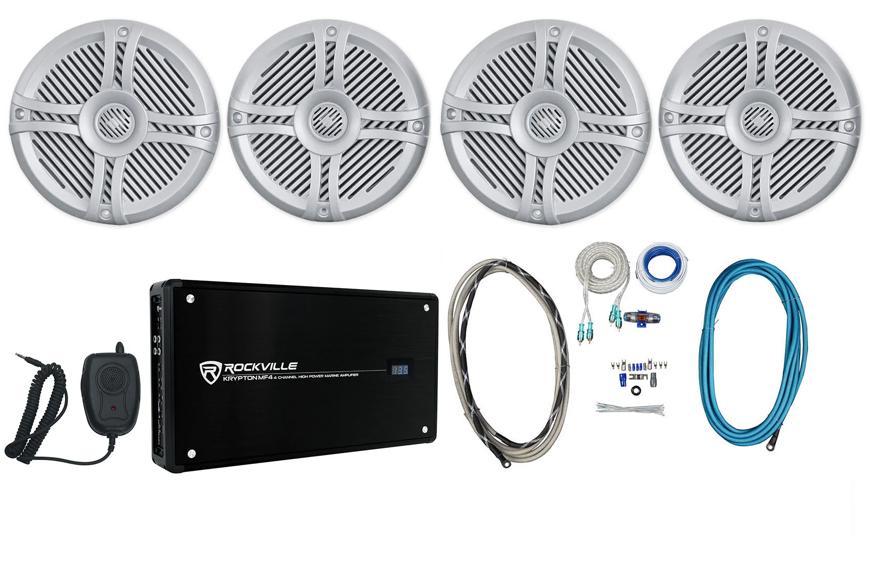 RMSTS65S Silver 6.5" Marine Speakers 4-Pack + KRYPTON MF4 Amplifier Bundle