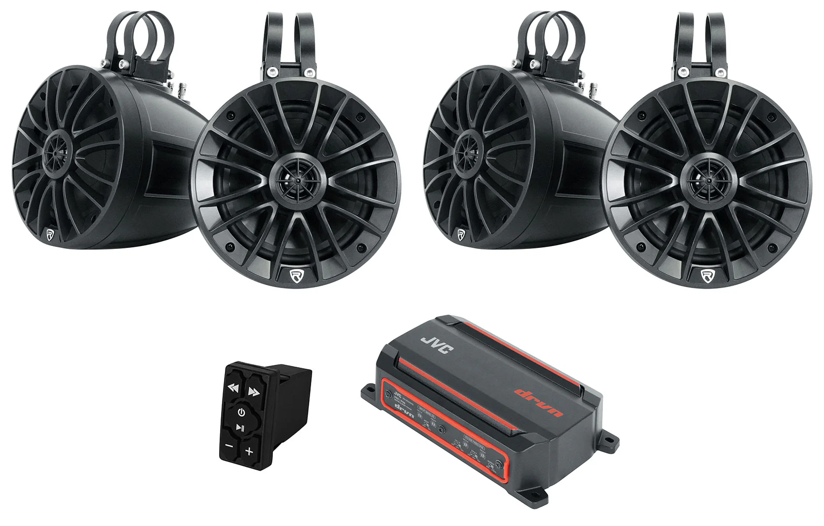 JVC KS-DR2004D 4-Ch. ATV/UTV Amplifier+(4) Tower Speakers+Bluetooth Controller