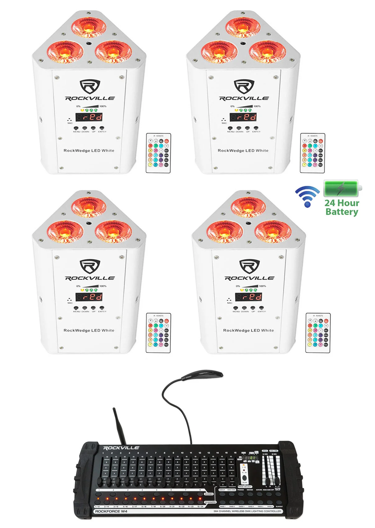 RockWedge LED White 4-Pack + ROCKFORCE W4 Controller Bundle