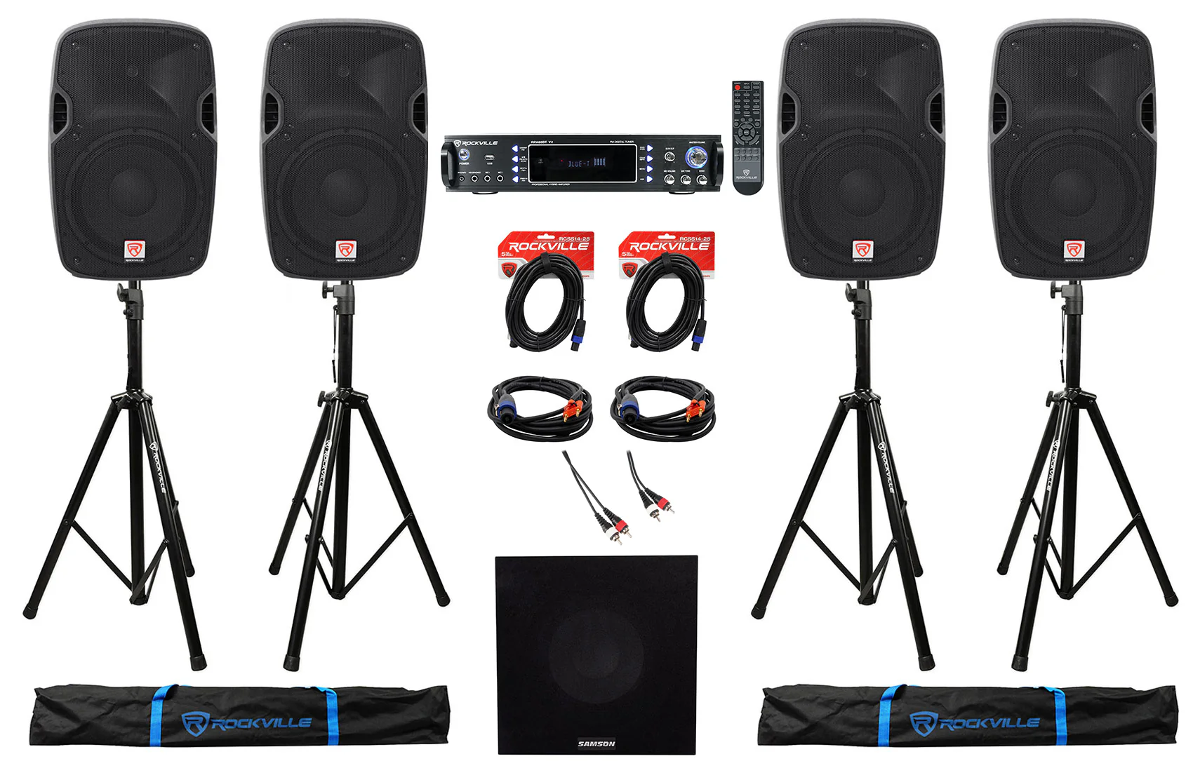 SPGN128 4-Pack + RPA60BT Receiver + Stands + Sub Cables Bundle