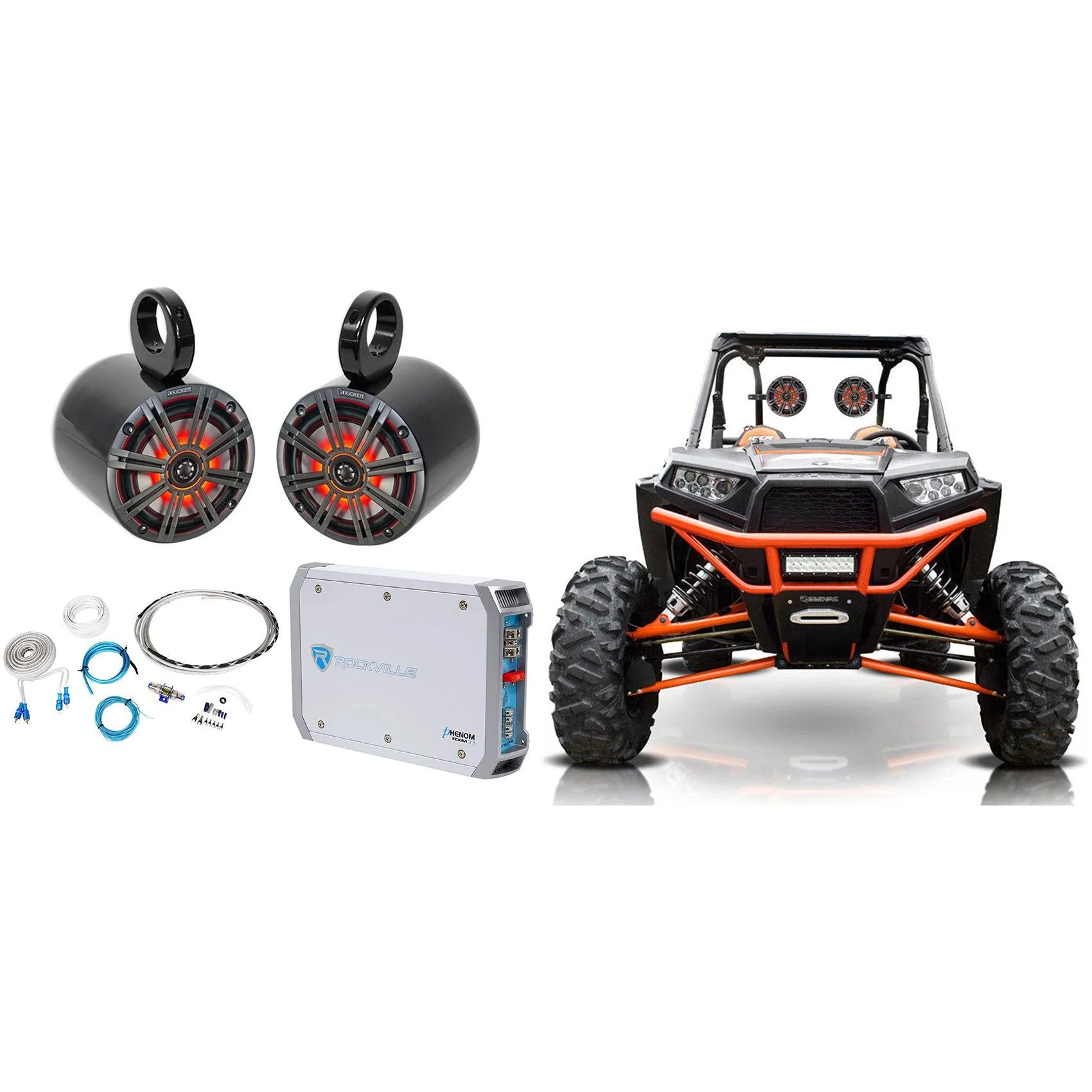 (2) KICKER 45KM654L 6.5" 390w LED Tower Speakers+2-Ch Amplifier For RZR/ATV/UTV - Image 2
