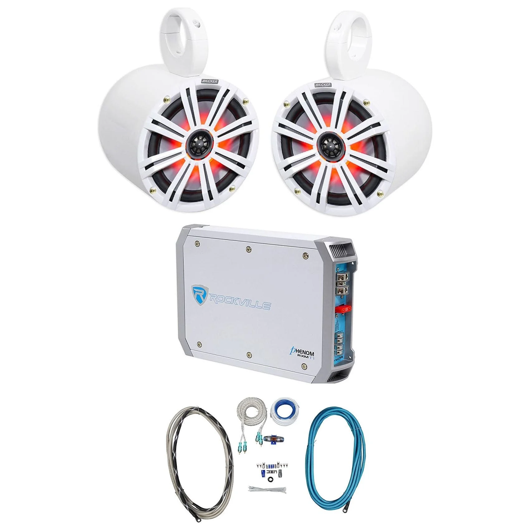 (2) KICKER 45KM84L 8" 600 Watt Marine LED Wakeboard Speakers+Amplifier+Amp Kit