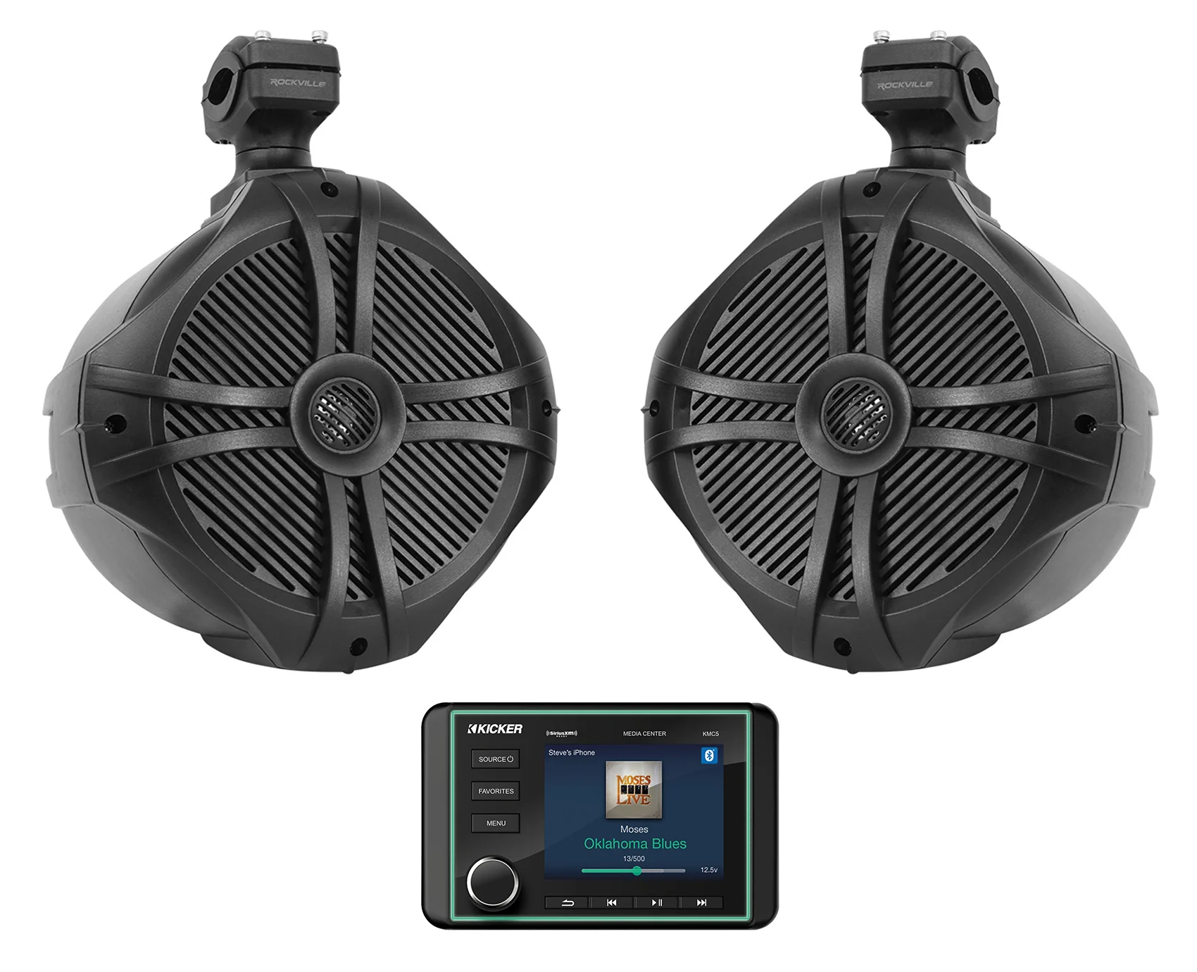 KICKER KMC5 Marine Digital Media Receiver w/Bluetooth+8" Black Tower Speakers
