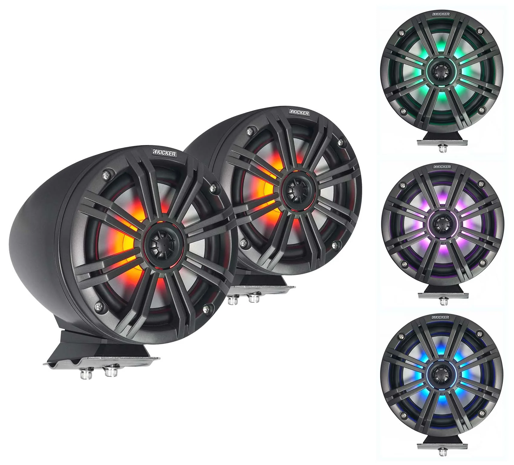 2) KICKER KMFC65 6.5" 195w Black Marine LED Surface Mount Speakers+Receiver+Amp - Image 2