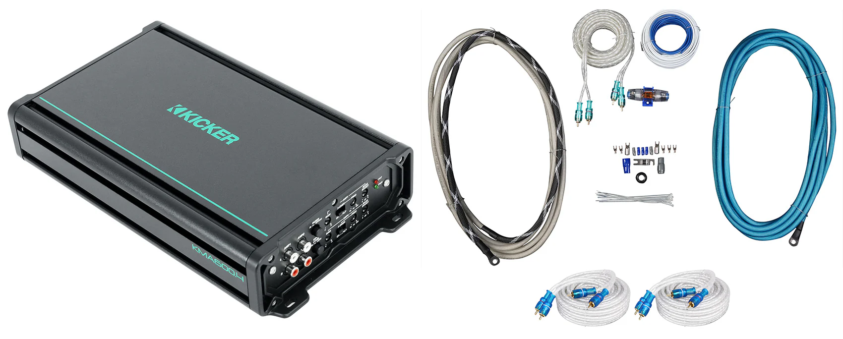 KICKER 48KMA6004 600 Watt 4-Channel Marine Boat Amplifier+Amp Kit KMA600.4