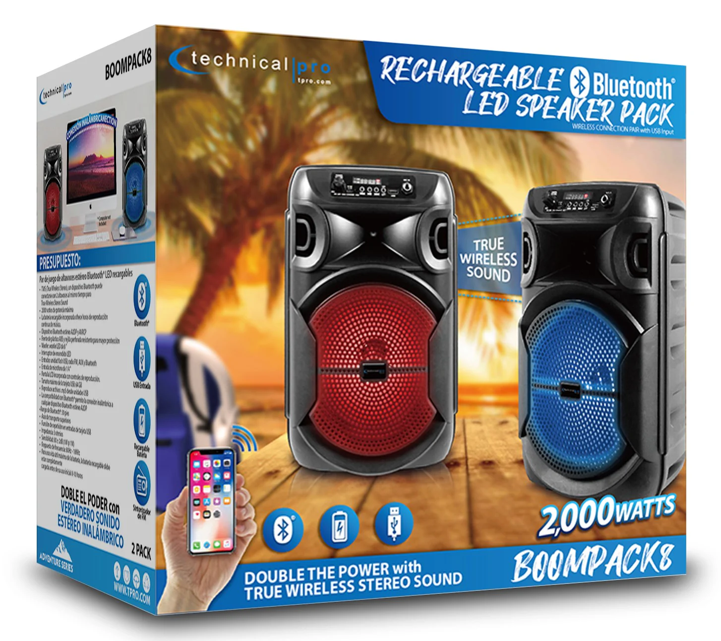 2 Technical Pro BOOMPACK8 8" Wireless Rechargeable Bluetooth Speakers+Microphone - Image 11