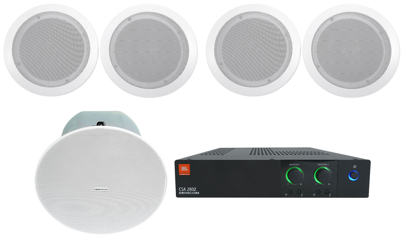 JBL CSA 280Z Commercial 70v Amplifier+(4) 6.5" In-Ceiling Speakers+8" Subwoofer