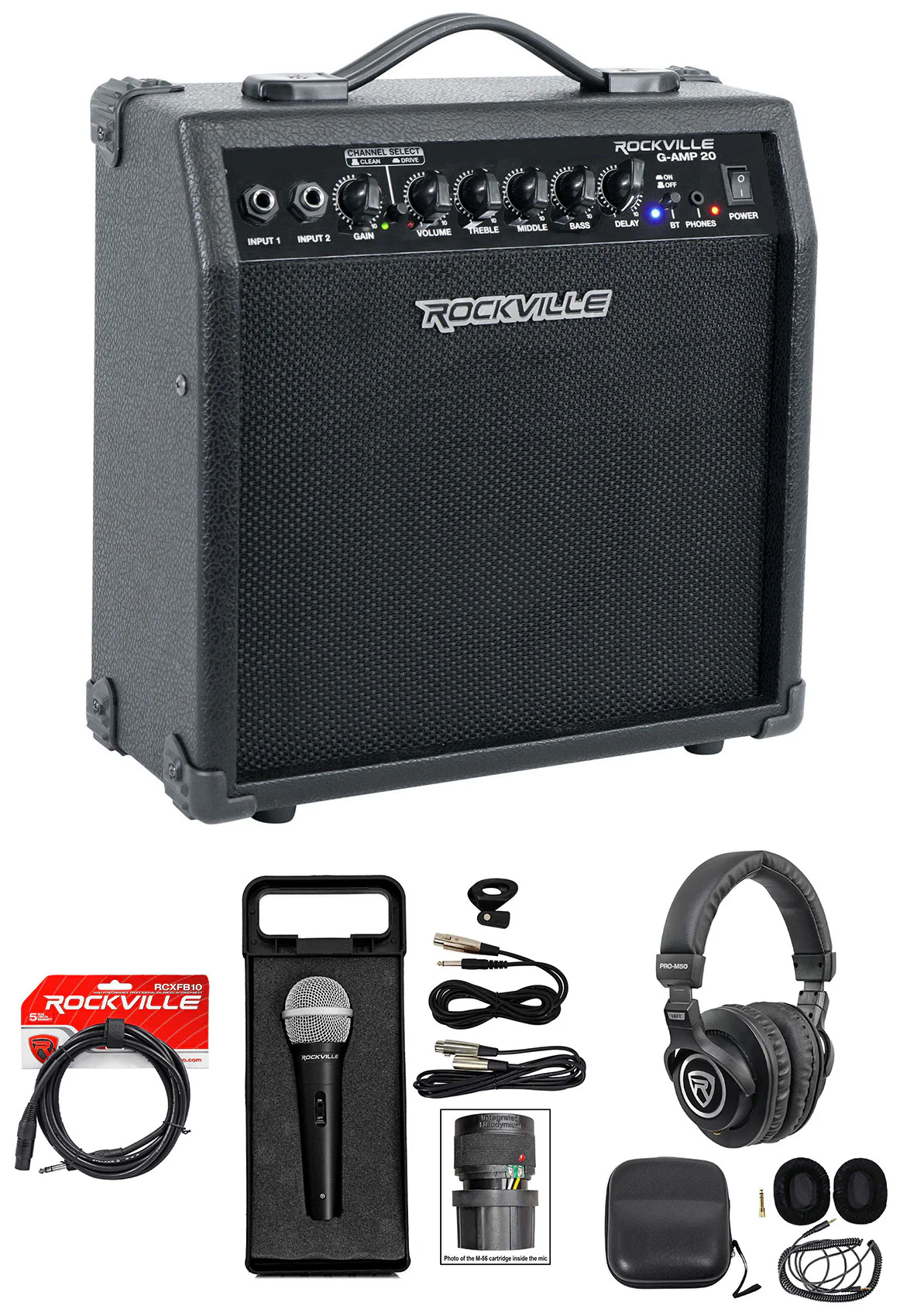 G-AMP 20 + RMC-XLR Microphone + RCXFB10B Cable + PRO-M50 Bundle