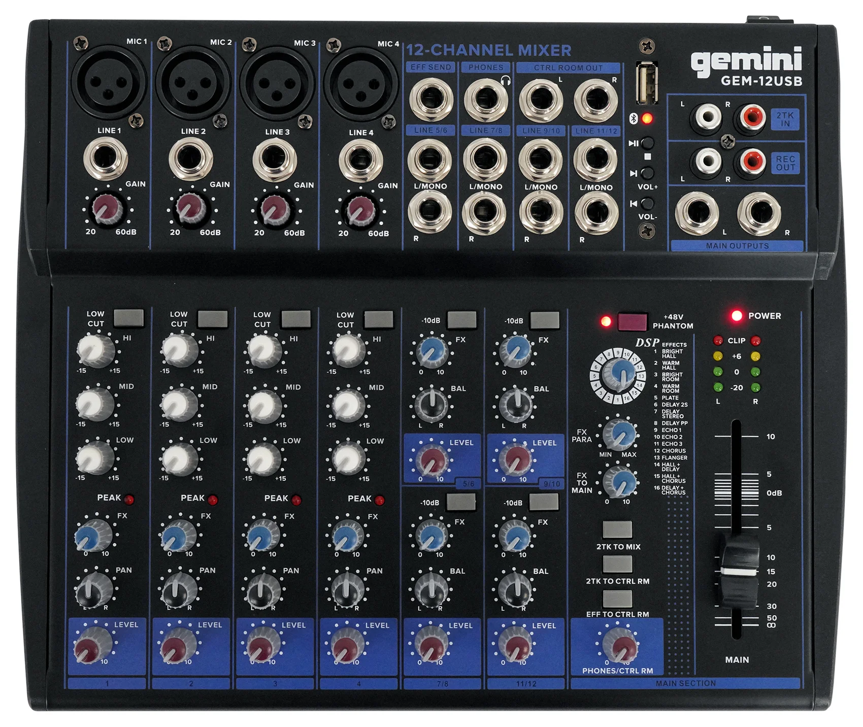 Gemini GEM-12USB 12 Channel Bluetooth Mixer w/USB 12 Ins/2 Bus/3 Band EQ+4) Mics - Image 6