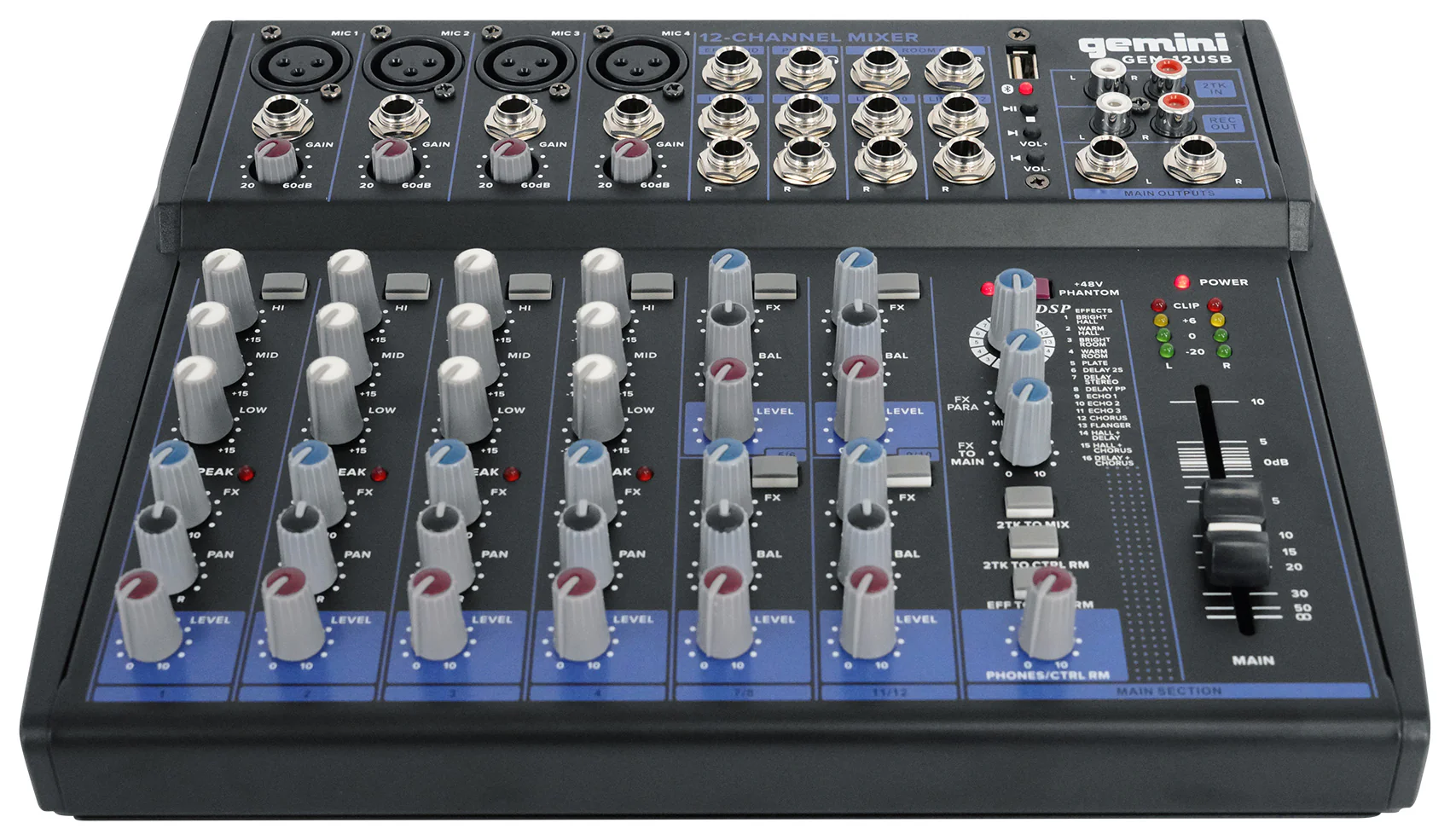 Gemini GEM-12USB 12 Channel Bluetooth Mixer w/USB 12 Ins/2 Bus/3 Band EQ+4) Mics - Image 7