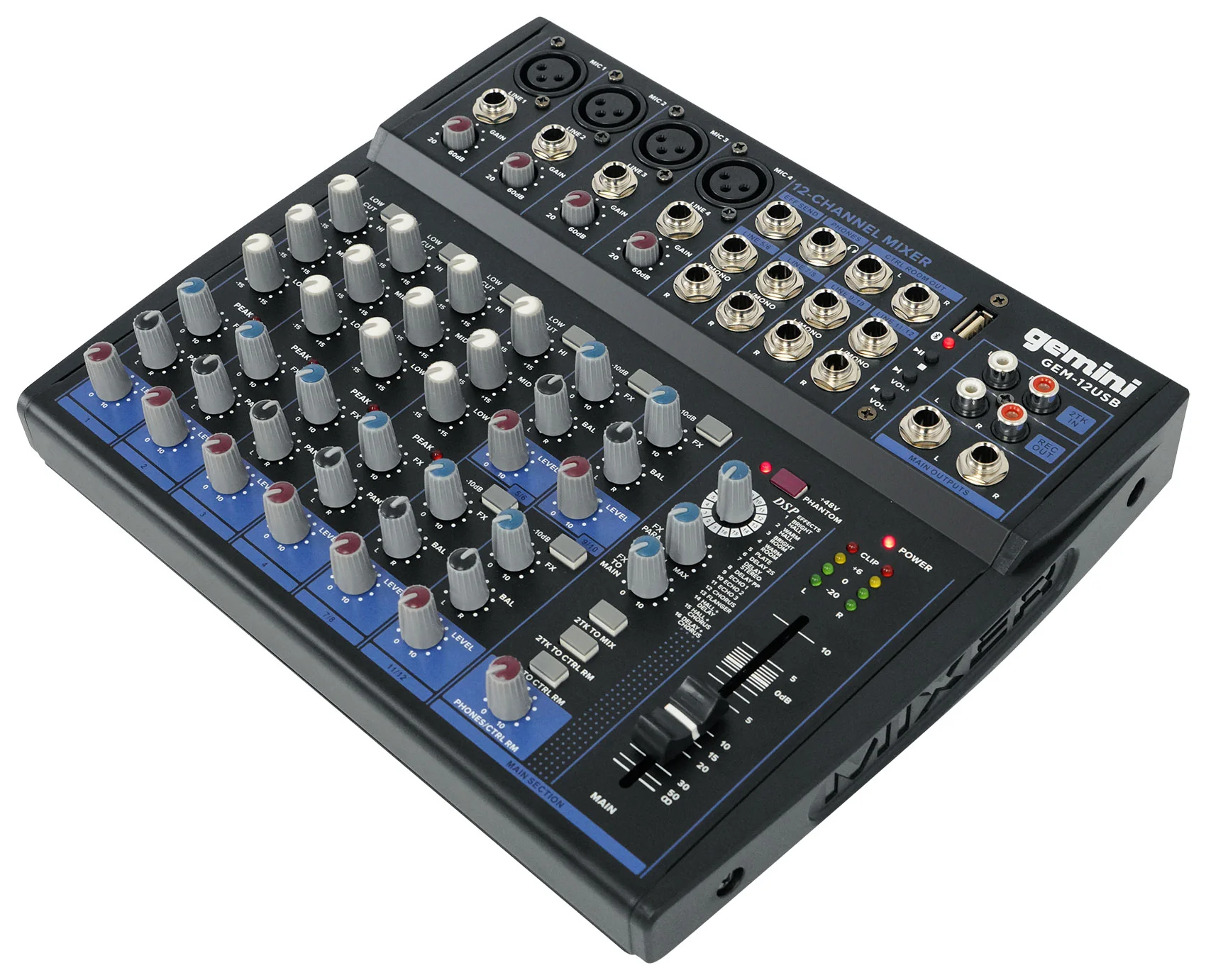 Gemini GEM-12USB 12 Channel Bluetooth Mixer w/USB 12 Ins/2 Bus/3 Band EQ+4) Mics - Image 9