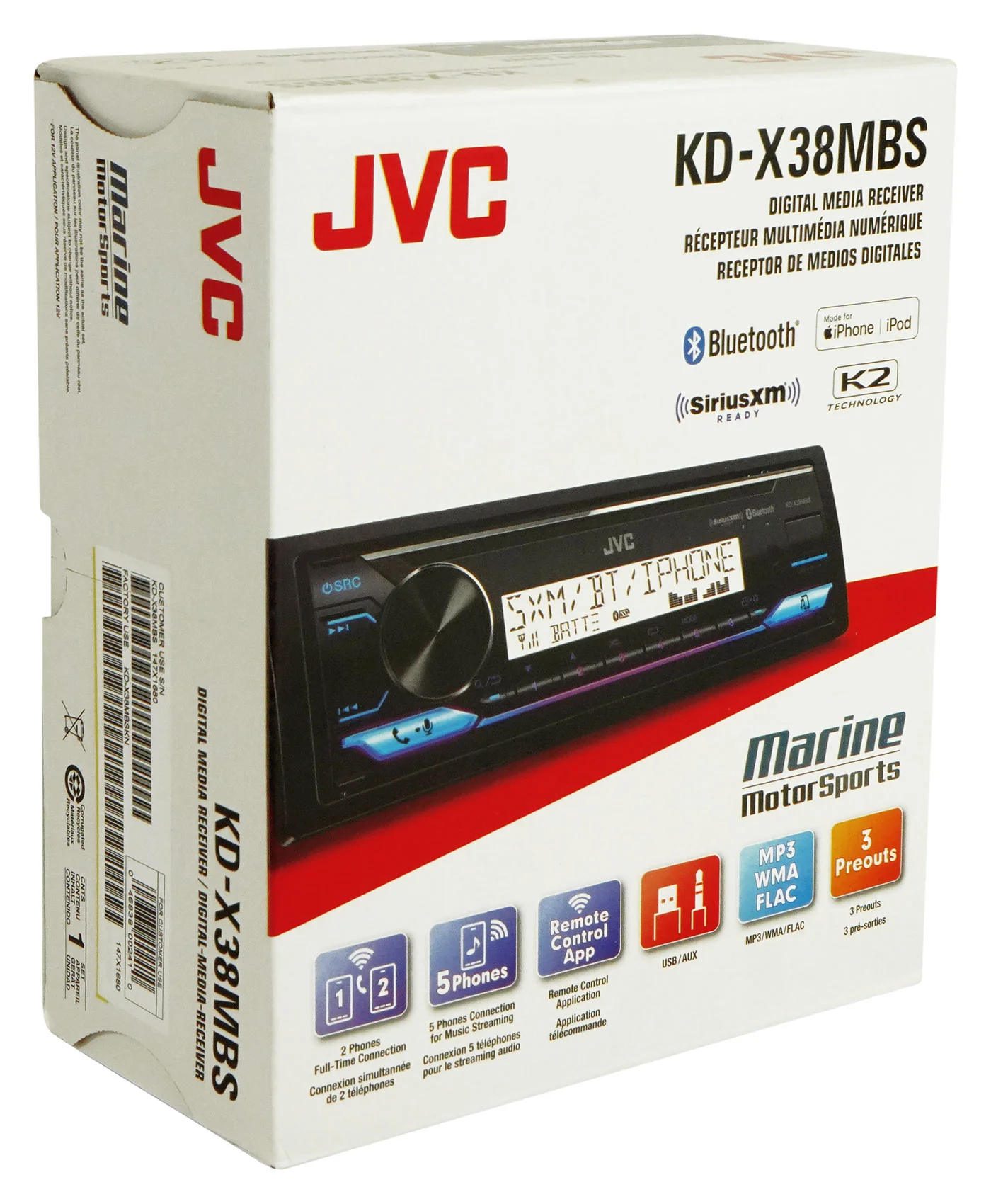 JVC KD-X38MBS 1-Din Marine Stereo Receiver w/Bluetooth/USB+(2) 6x9" Speakers - Image 6