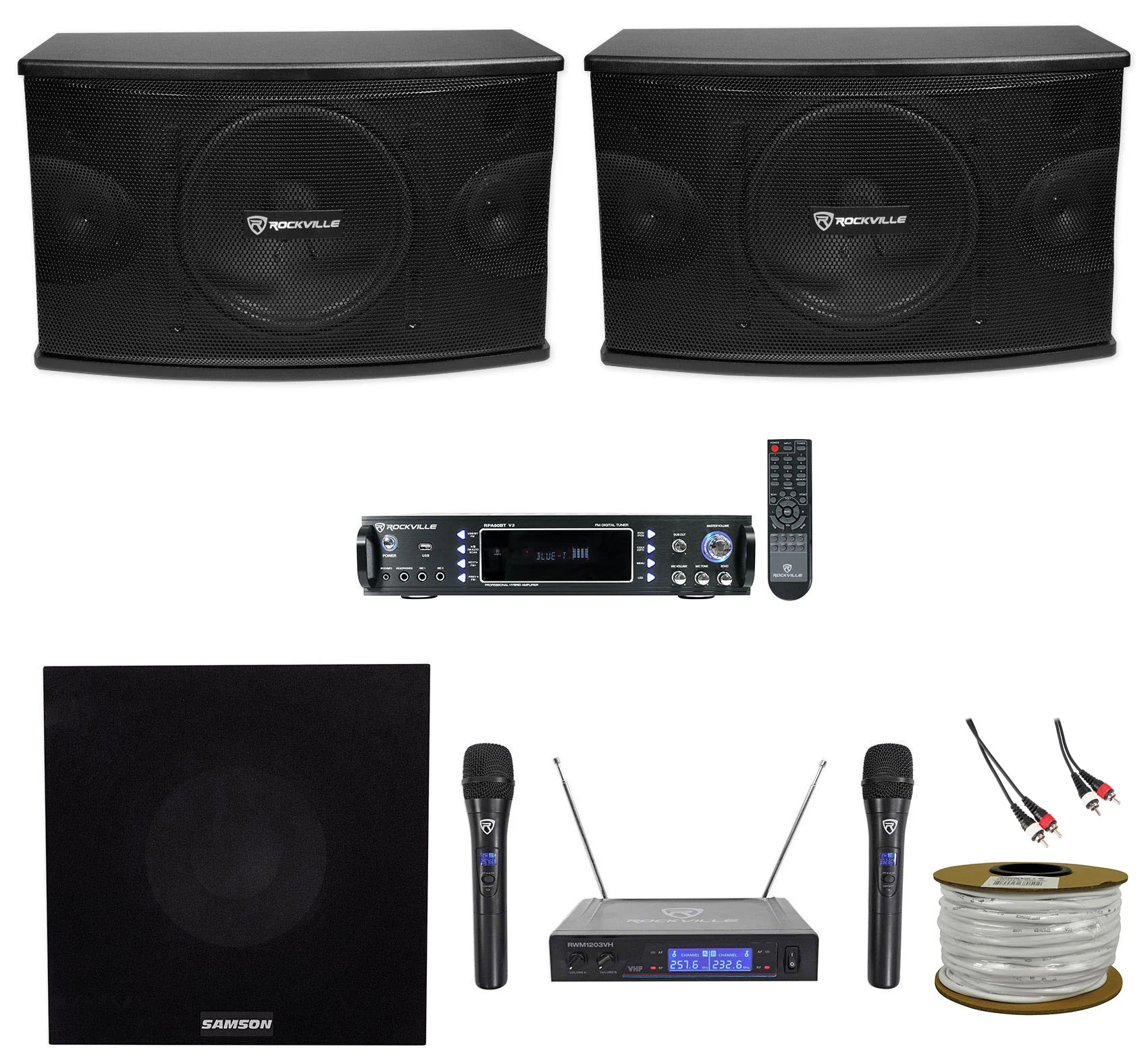 KPS10 Karaoke Speakers 1-Pair + RPA60BT Amplifier + Wireless Mics Bundle