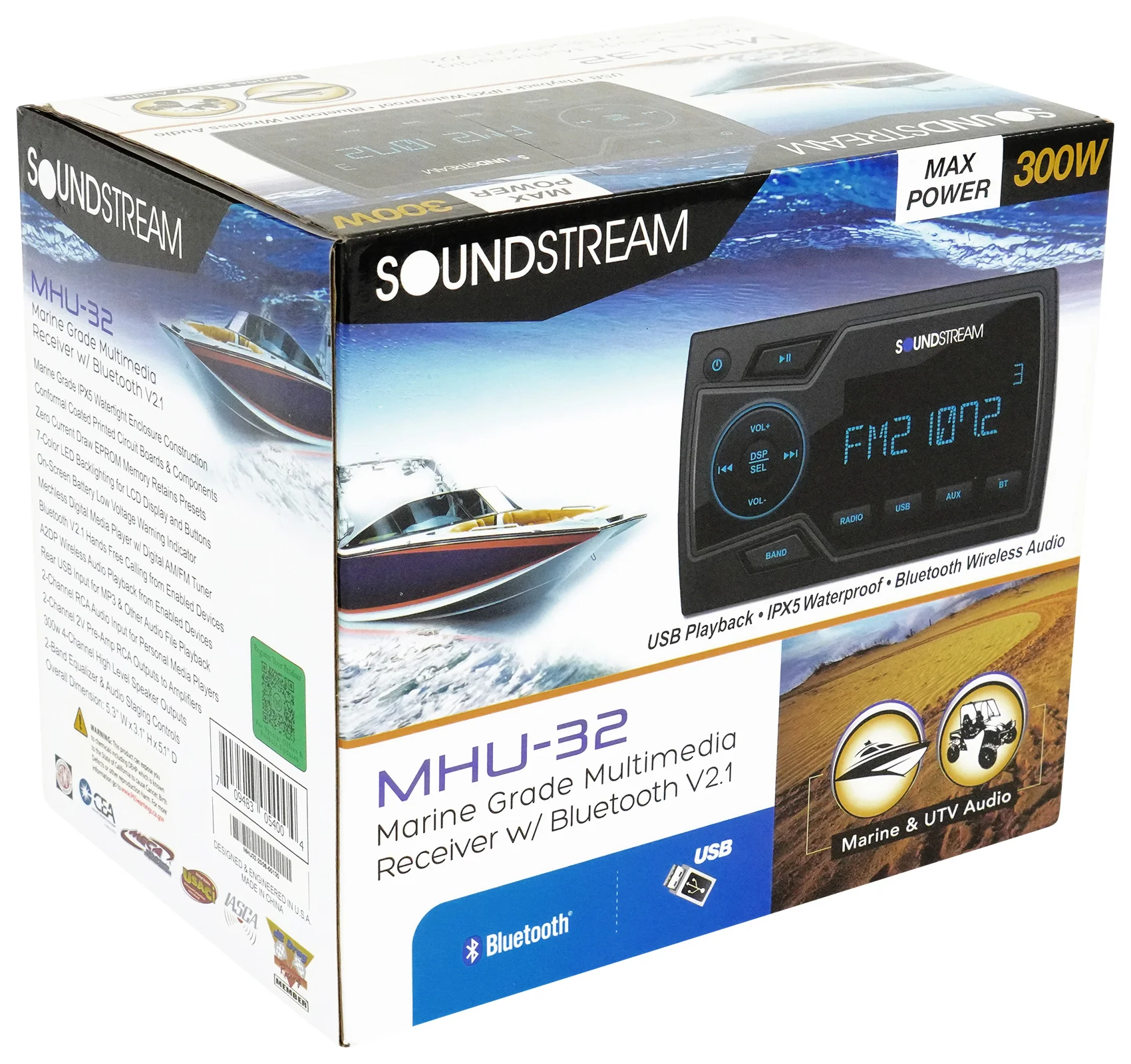 Soundstream MHU-32 Marine ATV/UTV Bluetooth Receiver+(2) Black 6.5" LED Speakers - Image 11