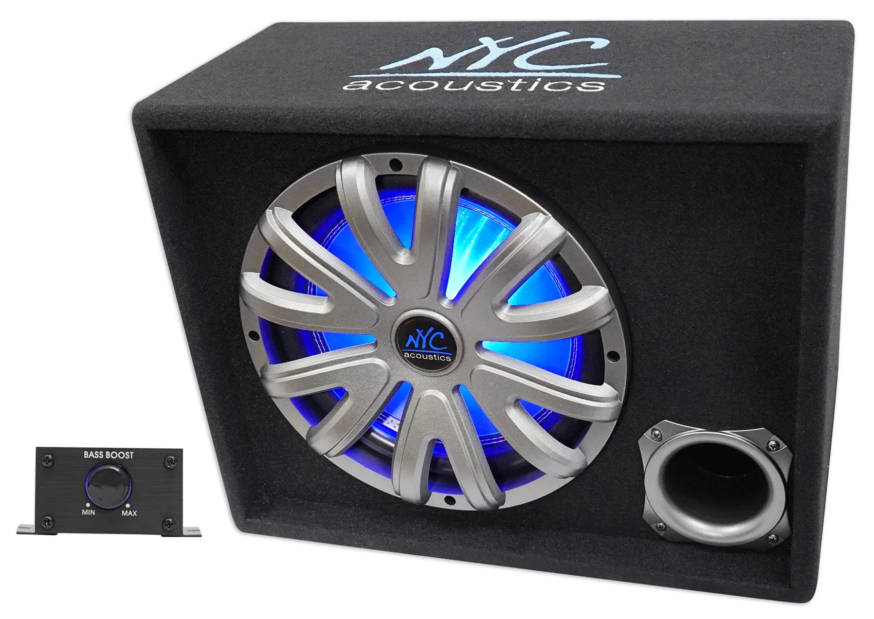 NYC Acoustics NSE12L 12" 1200w Powered Car Subwoofer/Sub Enclosure+LED+Amp Kit - Image 4
