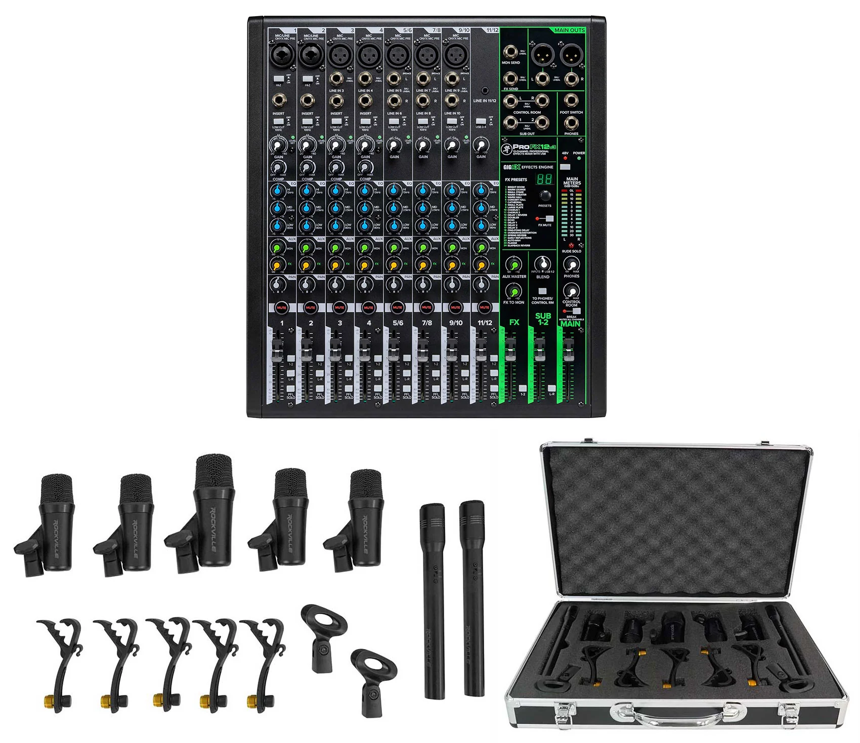 Mackie ProFX12v3 12-Channel Effects Mixer w/USB+7 Piece Drum Mic Kit ProFX12 v3