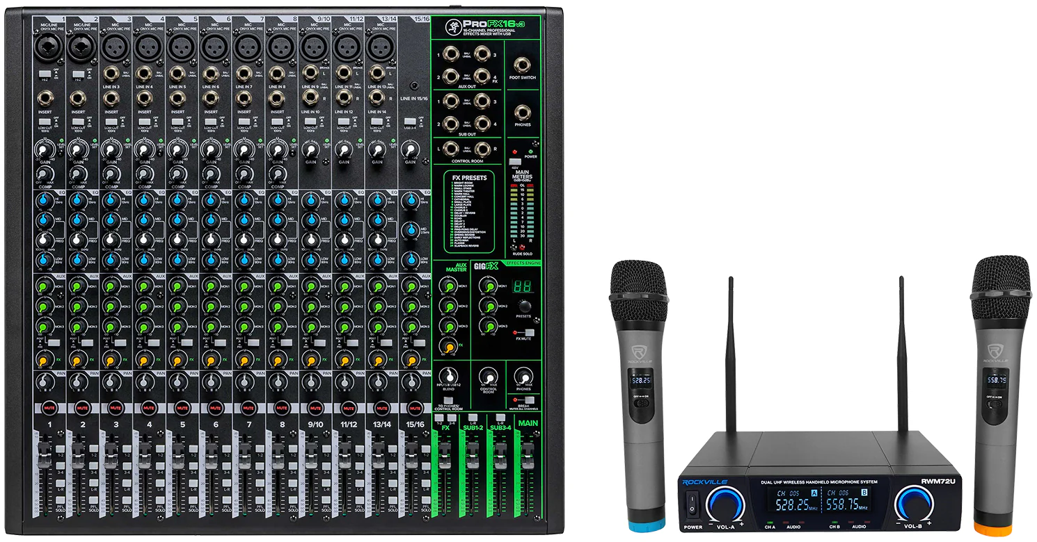 Mackie ProFX16v3 16-Channel 4-Bus Effects Mixer w/USB+Dual Wireless UHF Mics