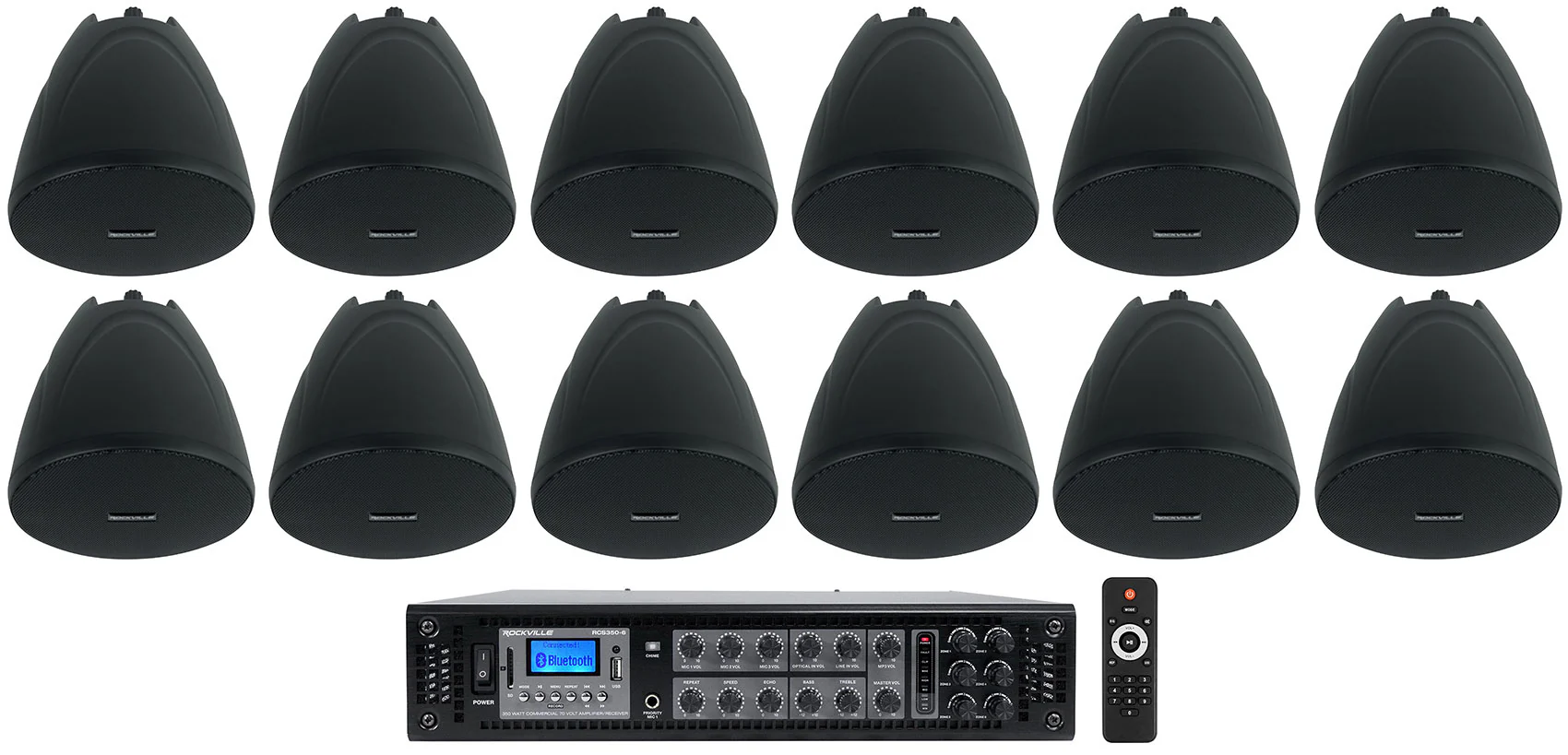 RCS350-6 6-Zone 350W Amp + PEN-40T Black 4" Pendant 12-Pack Bundle