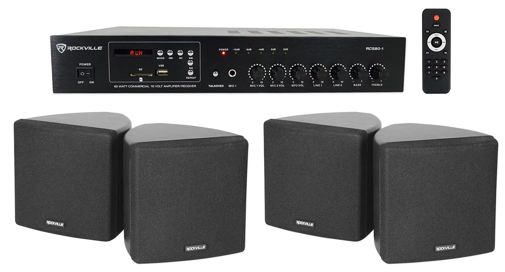 RCS80-1 60W Amp 2-Pack + Cube 3.5" Black Speakers Bundle