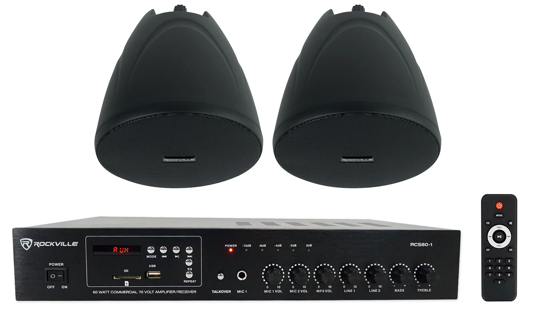 RCS80-1 60W Amp 2-Pack + PEN-40T Black Pendant Speakers Bundle