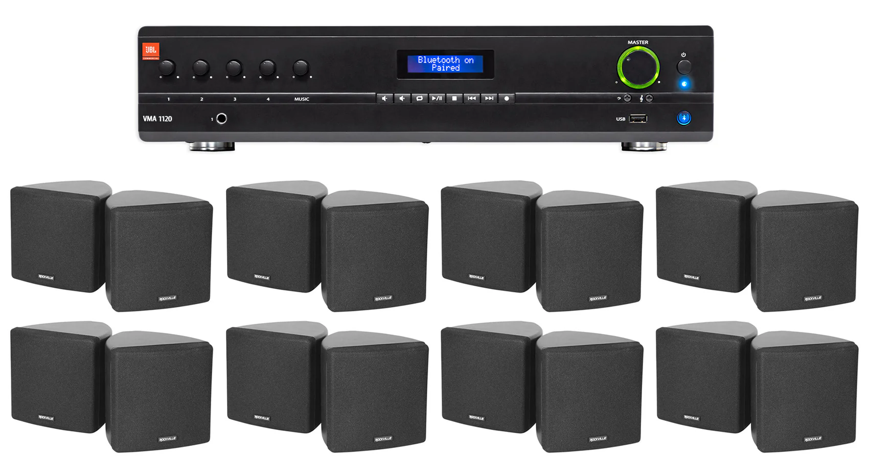 JBL Commercial Amplifier+(16) 3.5" Black Cube Speakers for Restaurant/Bar/Cafe