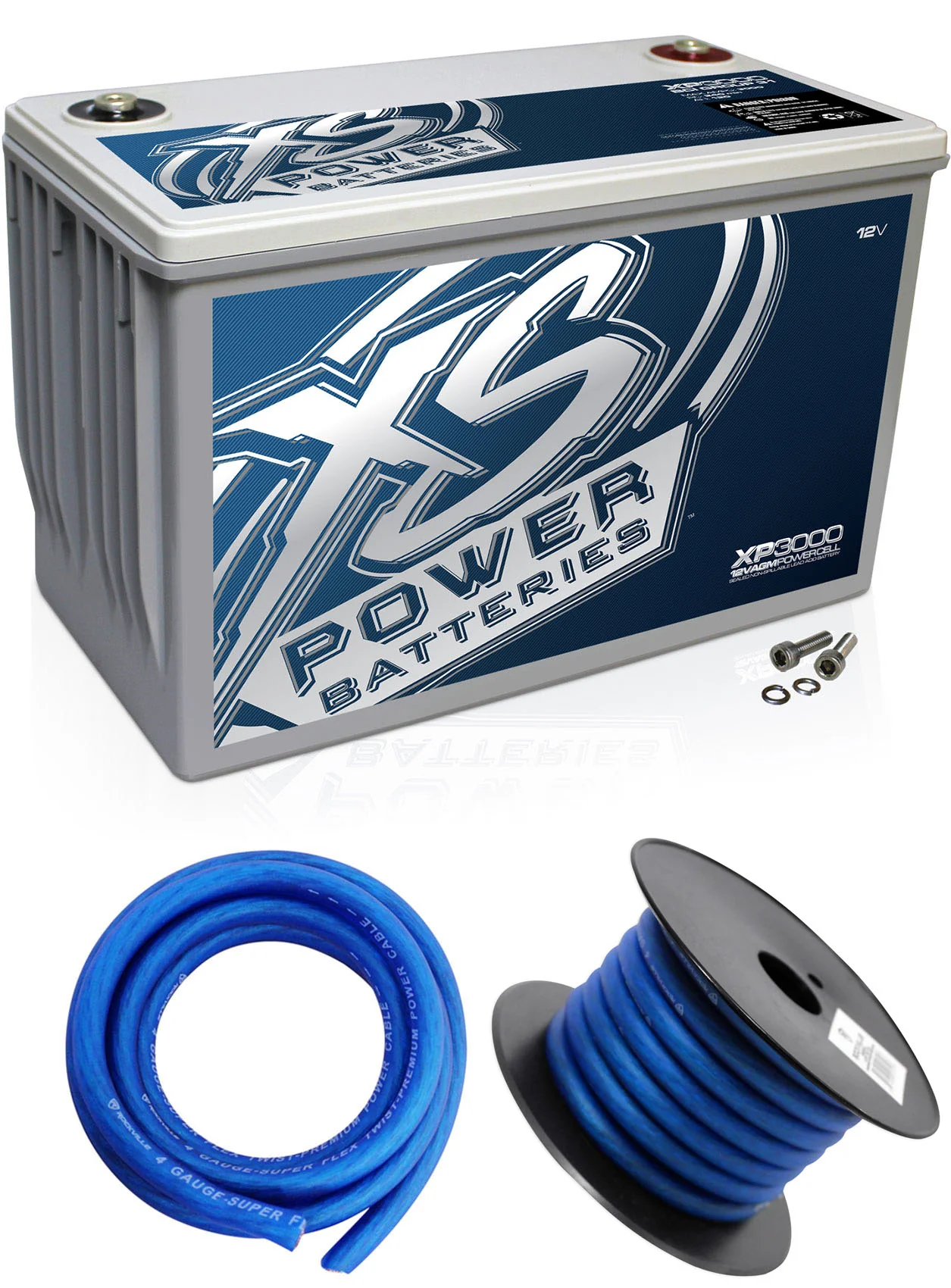 XS Power XP3000 3000 Watt Power Cell + Rockville 4 AWG Blue Power/Ground Wires Bundle